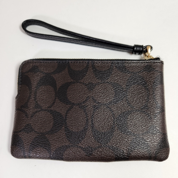 coach corner zip wristlet in signature canvas f58053 strap brown gold euc - Picture 2 of 6